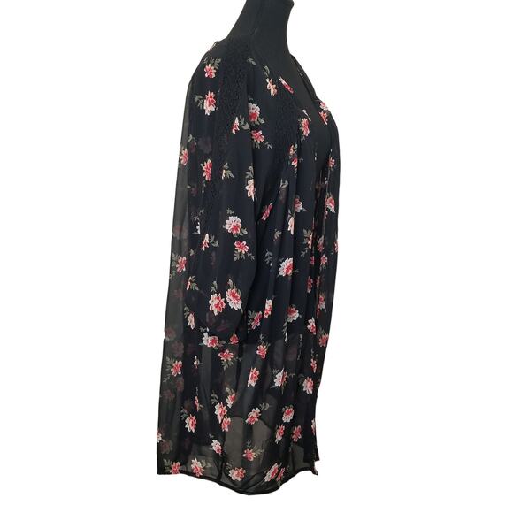 Express Women's Black Floral Sheer Kimono Cardigan Open Front 3/4 Sleeve Size L - Picture 5 of 9